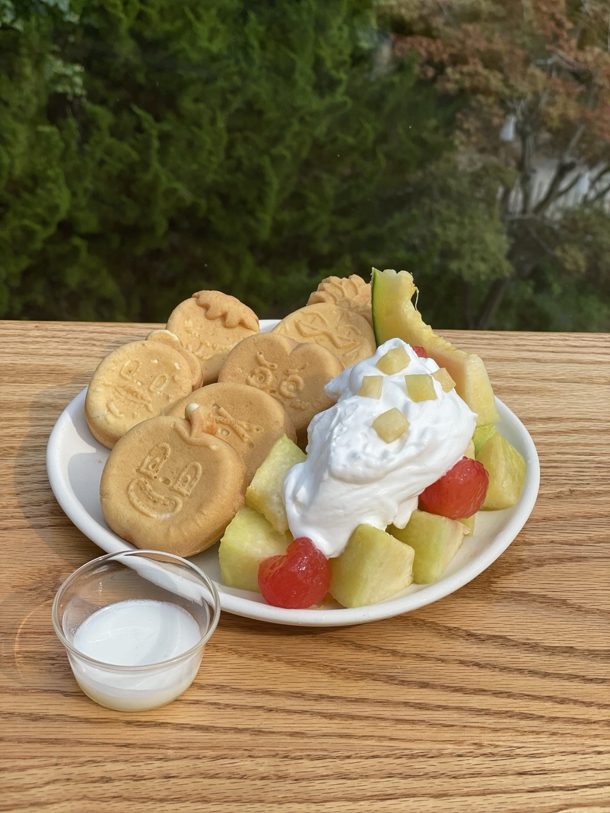 A plate of baby castella cakes with melon, strawberry and whipped cream on a wooden table with green trees behind